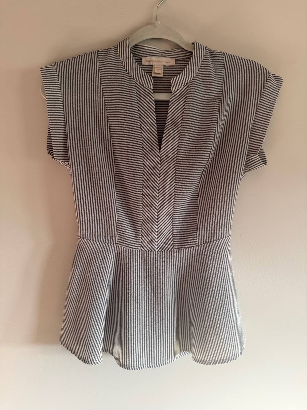 Monteau Black & White Striped Peplum V-Neck Top